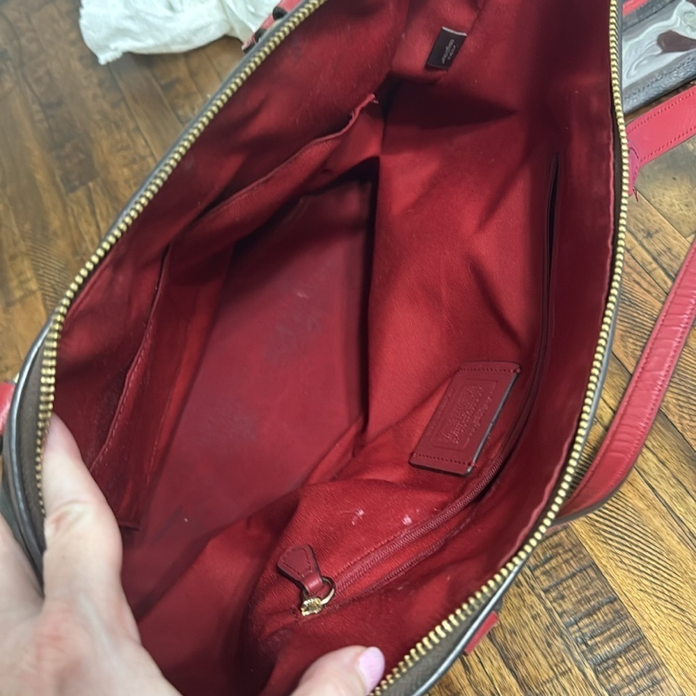 Coach Brown and Red Gallery Tote Bag brown with red handles and accents. - Picture 11 of 16